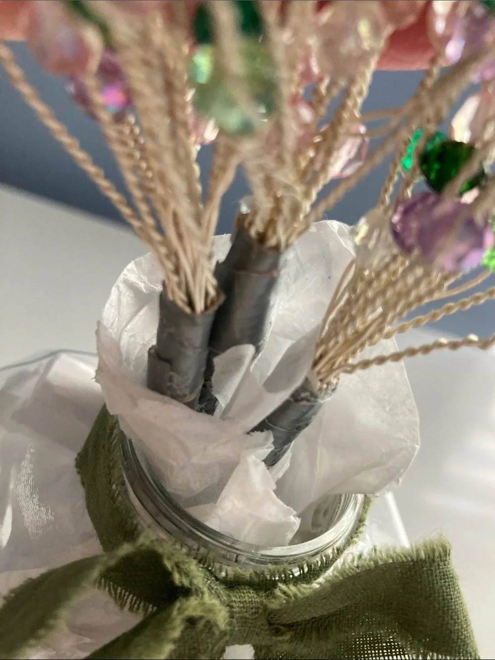 HANDMADE BUTTERFLY BOUQUET W VASE PURPLE PINK GREEN SILVER WIRE WRAPPED FLORAL